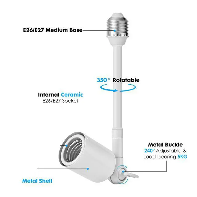 Alt view image 3 of 7 - Light Socket Extender, Metal Heavy Load-Bearing & Ceramics High Power Light Bulb Extention Adapter, 360° Direction Adjust Indoor/Outdoor (White, 10inch)