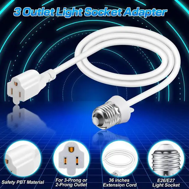 Alt view image 2 of 7 - 3 Outlet Light Socket Adapter, E26/E27 to 3 Prong Outlet, White, 1 Pcs