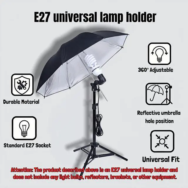 Alt view image 3 of 7 - E27 Lamp Holder with Umbrella Bracket, 360° Adjustable Photography Light Stand Mount with 1.8M Cable & Switch, Nylon E27 Socket for Studio Video Recording, Live Streaming, and Continuous Lighting
