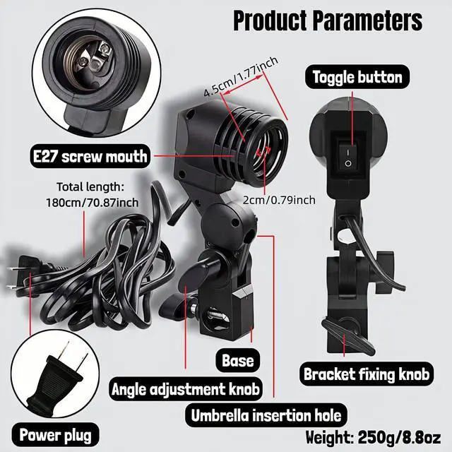 Alt view image 2 of 7 - E27 Lamp Holder with Umbrella Bracket, 360° Adjustable Photography Light Stand Mount with 1.8M Cable & Switch, Nylon E27 Socket for Studio Video Recording, Live Streaming, and Continuous Lighting