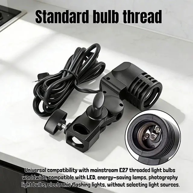 Alt view image 6 of 7 - E27 Lamp Holder with Umbrella Bracket, 360° Adjustable Photography Light Stand Mount with 1.8M Cable & Switch, Nylon E27 Socket for Studio Video Recording, Live Streaming, and Continuous Lighting