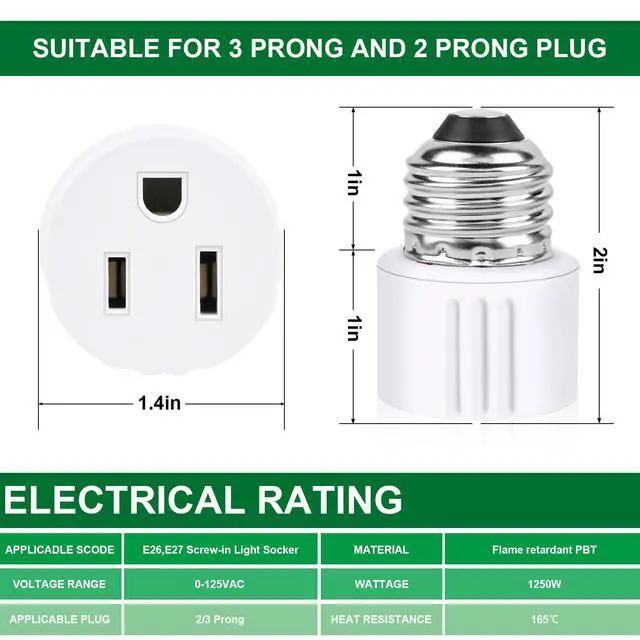 Alt view image 3 of 6 - Outlet Light Socket Adapter,Screw in Outlet Socket,E26 Light Bulb to Outlet Socket Converter,Light Bulb Plug Adapter for Porch Light Socket,Camera,Garage Light (1)