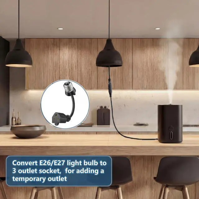 Alt view image 5 of 7 - 1 Pcs 3 Outlet Light Socket Adapter,E26/E27 to 3 Prong Outlet,Black