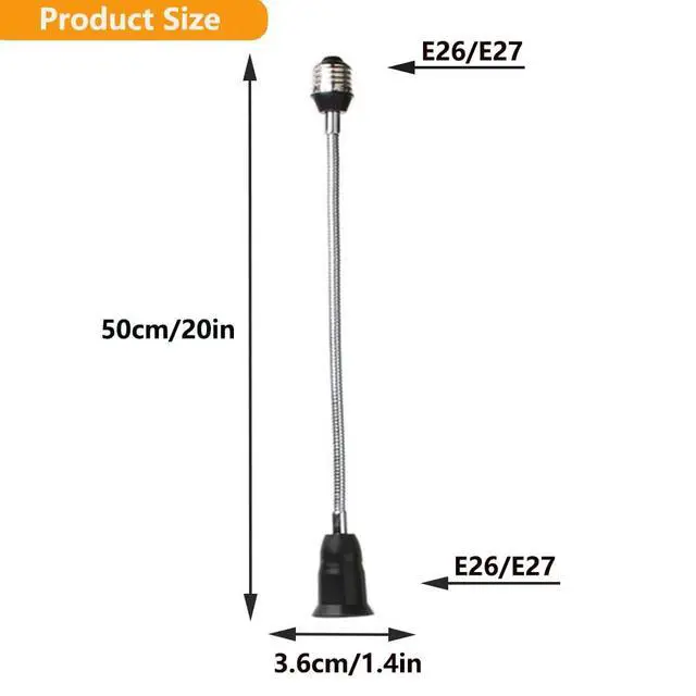 Alt view image 2 of 6 - E26/E27 40cm/16 inch Extension Socket Extender Adapter, E26 to E26 Flexible Extension, All-Directional Adjustable Standard Medium Light Bulb Socket Converter,Black (2 Pack)