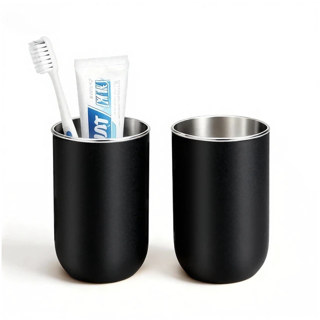 Main image of Stainless Steel Toothbrush Cup Holder 13oz, Unbreakable Reusable Kids Bathroom Tumbler Cup & Tooth Brush Holder Organizer for Shower, Mens Countertop Toothpaste Storage Set, Black 2 Pack