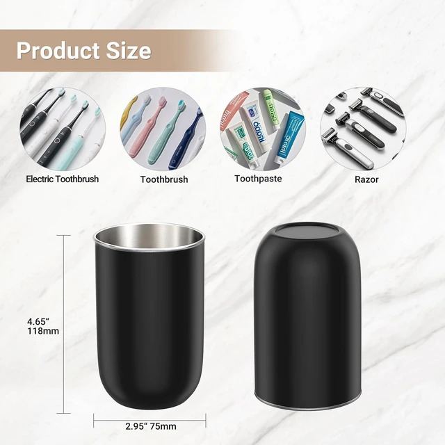 Alt view image 2 of 7 - Stainless Steel Toothbrush Cup Holder 13oz, Unbreakable Reusable Kids Bathroom Tumbler Cup & Tooth Brush Holder Organizer for Shower, Mens Countertop Toothpaste Storage Set, Black 2 Pack
