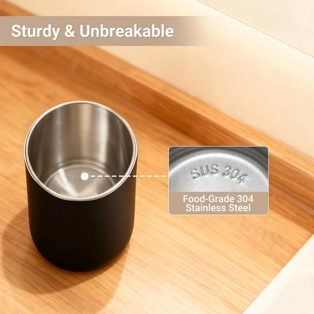 Alt view image 3 of 7 - Stainless Steel Toothbrush Cup Holder 13oz, Unbreakable Reusable Kids Bathroom Tumbler Cup & Tooth Brush Holder Organizer for Shower, Mens Countertop Toothpaste Storage Set, Black 2 Pack