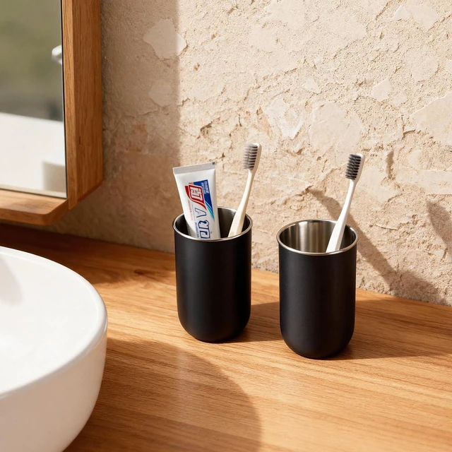 Alt view image 5 of 7 - Stainless Steel Toothbrush Cup Holder 13oz, Unbreakable Reusable Kids Bathroom Tumbler Cup & Tooth Brush Holder Organizer for Shower, Mens Countertop Toothpaste Storage Set, Black 2 Pack