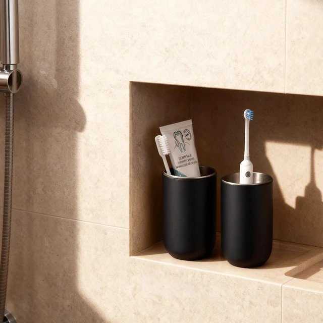 Alt view image 6 of 7 - Stainless Steel Toothbrush Cup Holder 13oz, Unbreakable Reusable Kids Bathroom Tumbler Cup & Tooth Brush Holder Organizer for Shower, Mens Countertop Toothpaste Storage Set, Black 2 Pack