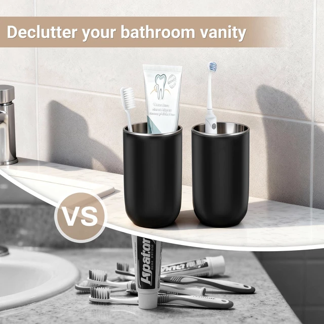 Alt view image 7 of 7 - Stainless Steel Toothbrush Cup Holder 13oz, Unbreakable Reusable Kids Bathroom Tumbler Cup & Tooth Brush Holder Organizer for Shower, Mens Countertop Toothpaste Storage Set, Black 2 Pack