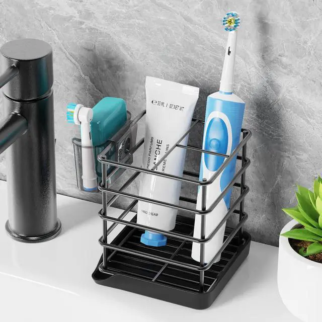 Alt view image 2 of 7 - Toothbrush Holders for Bathrooms, Stainless Steel Toothbrush and Toothpaste Holder, Kids Electric 3 Slots Tooth Brushing Holder Stand for Bathroom Accessories Organizer with Tray, Black