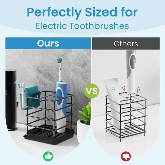 Alt view image 5 of 7 - Toothbrush Holders for Bathrooms, Stainless Steel Toothbrush and Toothpaste Holder, Kids Electric 3 Slots Tooth Brushing Holder Stand for Bathroom Accessories Organizer with Tray, Black