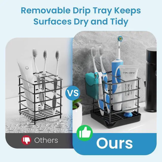 Alt view image 4 of 7 - Toothbrush Holders for Bathrooms, Stainless Steel Toothbrush and Toothpaste Holder, Kids Electric 3 Slots Tooth Brushing Holder Stand for Bathroom Accessories Organizer with Tray, Black