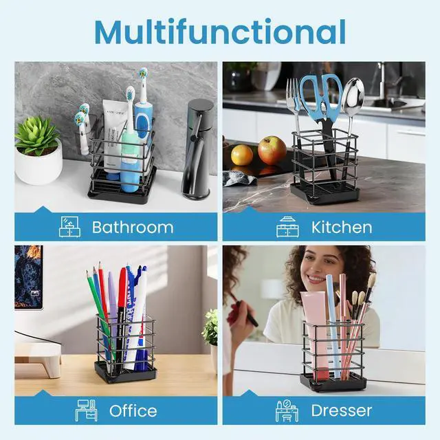 Alt view image 7 of 7 - Toothbrush Holders for Bathrooms, Stainless Steel Toothbrush and Toothpaste Holder, Kids Electric 3 Slots Tooth Brushing Holder Stand for Bathroom Accessories Organizer with Tray, Black