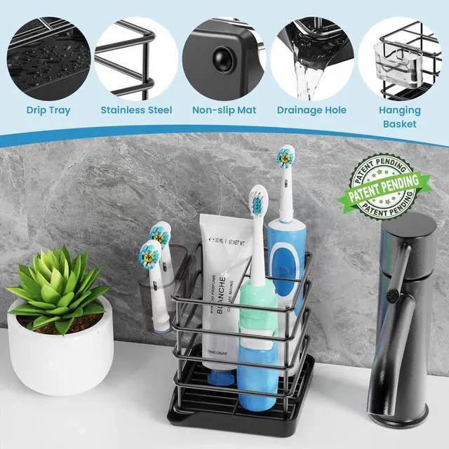 Alt view image 6 of 7 - Toothbrush Holders for Bathrooms, Stainless Steel Toothbrush and Toothpaste Holder, Kids Electric 3 Slots Tooth Brushing Holder Stand for Bathroom Accessories Organizer with Tray, Black