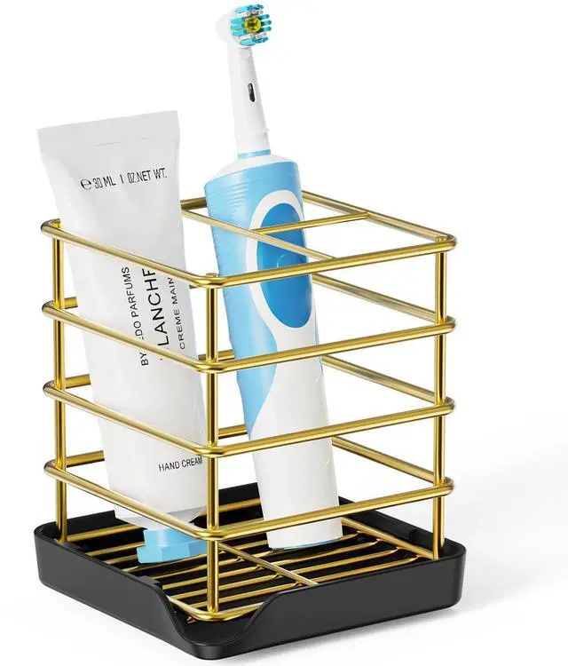 Main image of Toothbrush Holders for Bathrooms, Stainless Steel Toothbrush Holder Kids Electric 3 Slots Tooth Brushing Holder Stand and Toothpaste Holder for Bathroom Accessories Organizer with Tray, Gold
