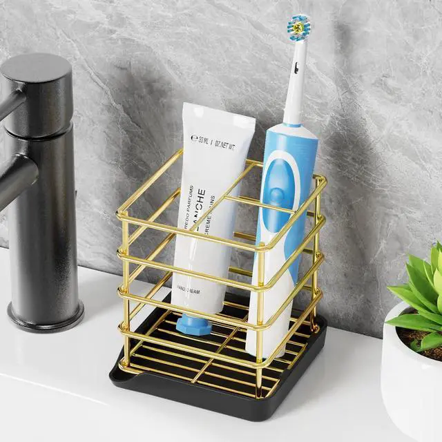 Alt view image 2 of 7 - Toothbrush Holders for Bathrooms, Stainless Steel Toothbrush Holder Kids Electric 3 Slots Tooth Brushing Holder Stand and Toothpaste Holder for Bathroom Accessories Organizer with Tray, Gold
