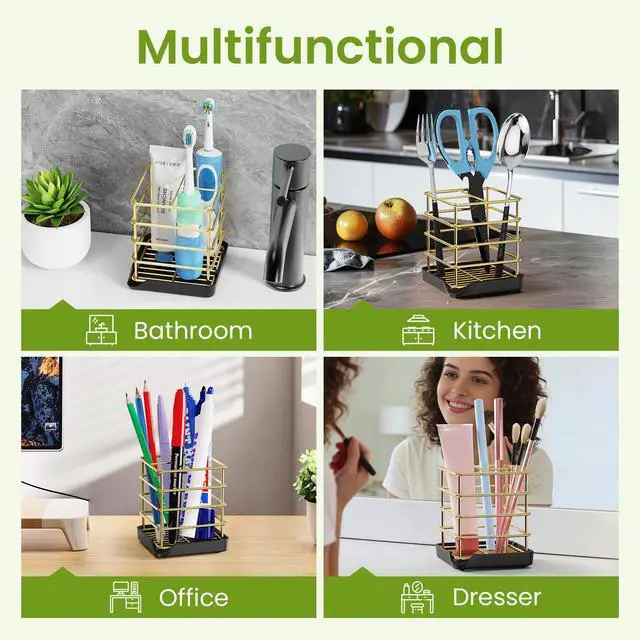 Alt view image 7 of 7 - Toothbrush Holders for Bathrooms, Stainless Steel Toothbrush Holder Kids Electric 3 Slots Tooth Brushing Holder Stand and Toothpaste Holder for Bathroom Accessories Organizer with Tray, Gold