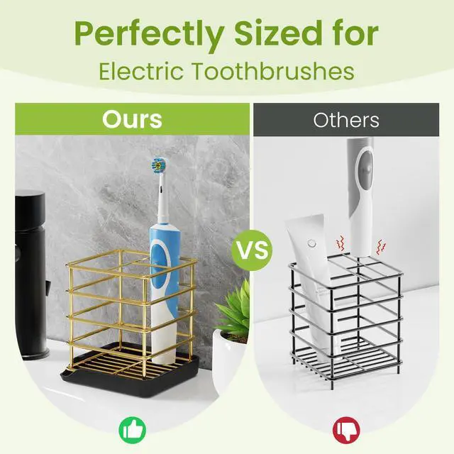 Alt view image 5 of 7 - Toothbrush Holders for Bathrooms, Stainless Steel Toothbrush Holder Kids Electric 3 Slots Tooth Brushing Holder Stand and Toothpaste Holder for Bathroom Accessories Organizer with Tray, Gold