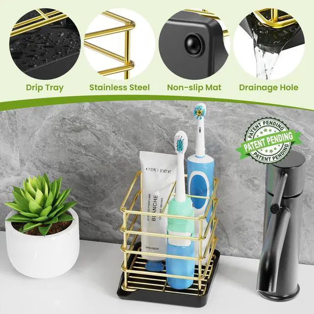 Alt view image 6 of 7 - Toothbrush Holders for Bathrooms, Stainless Steel Toothbrush Holder Kids Electric 3 Slots Tooth Brushing Holder Stand and Toothpaste Holder for Bathroom Accessories Organizer with Tray, Gold