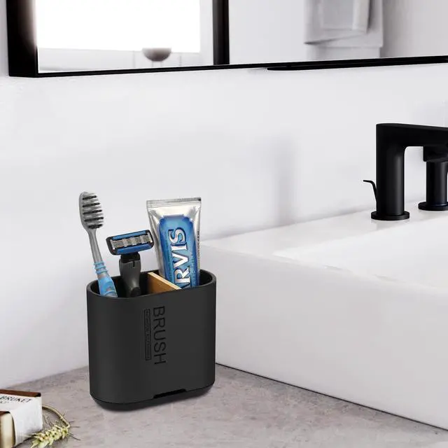 Alt view image 2 of 7 - Toothbrush and Toothpaste Holder with Bamboo Divider for Bathroom Countertop Organizer, Detachable for Easy Clean, 2 Slots Electric Toothbrush Holders Storage Caddy Drainage for Family-Black