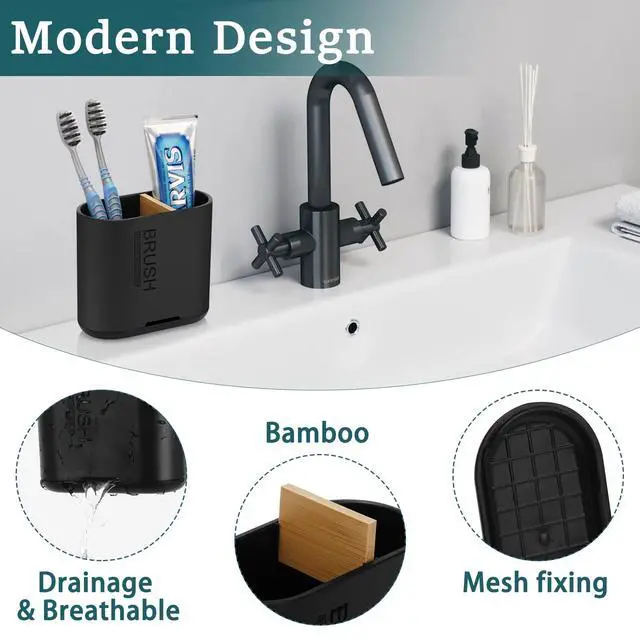 Alt view image 3 of 7 - Toothbrush and Toothpaste Holder with Bamboo Divider for Bathroom Countertop Organizer, Detachable for Easy Clean, 2 Slots Electric Toothbrush Holders Storage Caddy Drainage for Family-Black