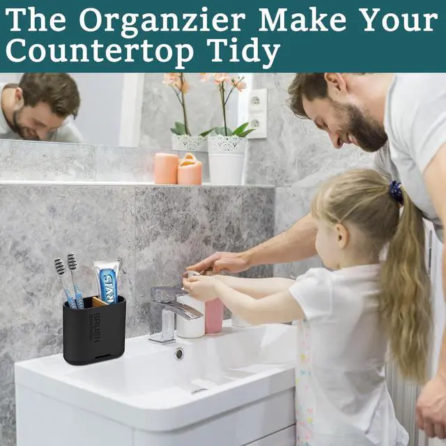 Alt view image 5 of 7 - Toothbrush and Toothpaste Holder with Bamboo Divider for Bathroom Countertop Organizer, Detachable for Easy Clean, 2 Slots Electric Toothbrush Holders Storage Caddy Drainage for Family-Black