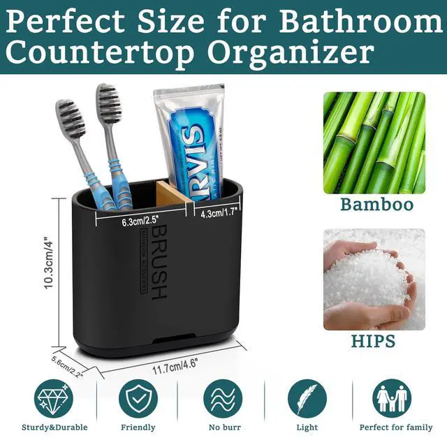 Alt view image 6 of 7 - Toothbrush and Toothpaste Holder with Bamboo Divider for Bathroom Countertop Organizer, Detachable for Easy Clean, 2 Slots Electric Toothbrush Holders Storage Caddy Drainage for Family-Black