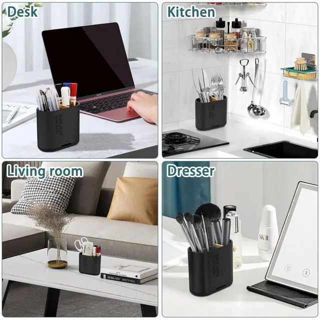 Alt view image 7 of 7 - Toothbrush and Toothpaste Holder with Bamboo Divider for Bathroom Countertop Organizer, Detachable for Easy Clean, 2 Slots Electric Toothbrush Holders Storage Caddy Drainage for Family-Black