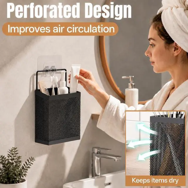 Alt view image 2 of 7 - Adhesive Shower Toothbrush Holder, Stainless Steel Countertop Toothpaste Stand, Wall Mount No Drilling Removable Organizer for Bathroom Storage, Razor, Kitchen, Office Items & Home Decor, Black