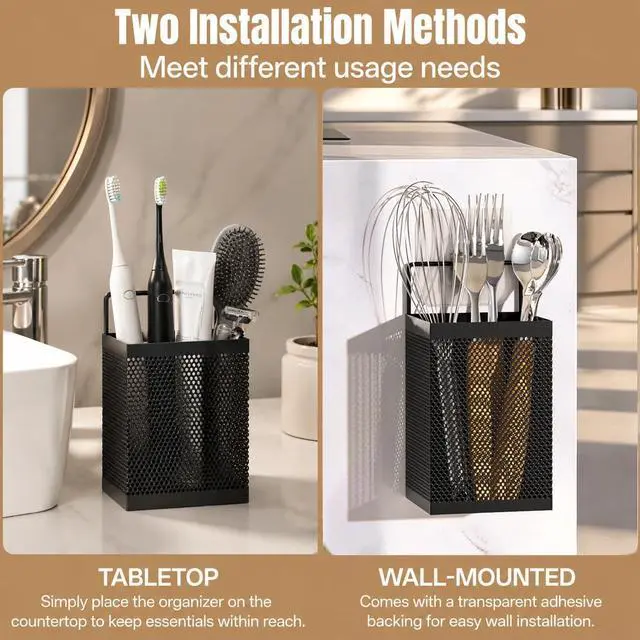 Alt view image 3 of 7 - Adhesive Shower Toothbrush Holder, Stainless Steel Countertop Toothpaste Stand, Wall Mount No Drilling Removable Organizer for Bathroom Storage, Razor, Kitchen, Office Items & Home Decor, Black