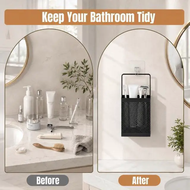 Alt view image 4 of 7 - Adhesive Shower Toothbrush Holder, Stainless Steel Countertop Toothpaste Stand, Wall Mount No Drilling Removable Organizer for Bathroom Storage, Razor, Kitchen, Office Items & Home Decor, Black