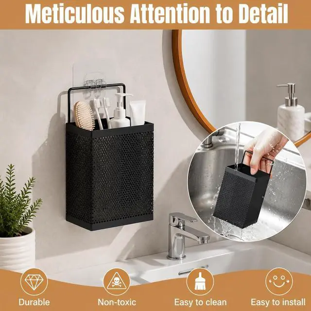 Alt view image 5 of 7 - Adhesive Shower Toothbrush Holder, Stainless Steel Countertop Toothpaste Stand, Wall Mount No Drilling Removable Organizer for Bathroom Storage, Razor, Kitchen, Office Items & Home Decor, Black