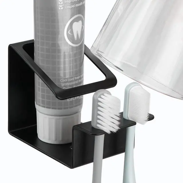 Main image of Matte Black Stainless Steel Toothbrush Holder - Wall Mounted 3-in-1 Adhesive Toothpaste & Cup Stand - No-Drill Bathroom Vanity Storage Organizer - Rust-Proof