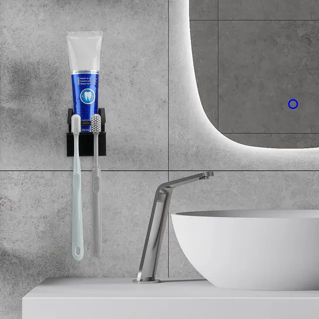Alt view image 5 of 7 - Matte Black Stainless Steel Toothbrush Holder - Wall Mounted 3-in-1 Adhesive Toothpaste & Cup Stand - No-Drill Bathroom Vanity Storage Organizer - Rust-Proof