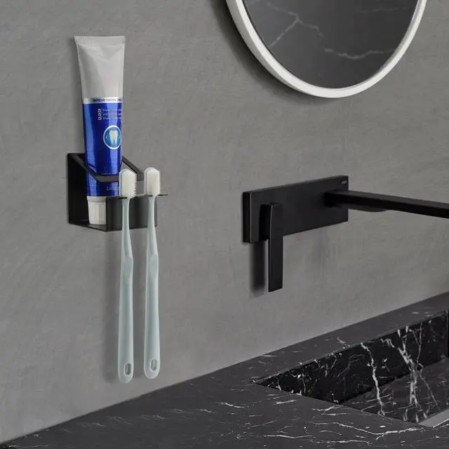 Alt view image 6 of 7 - Matte Black Stainless Steel Toothbrush Holder - Wall Mounted 3-in-1 Adhesive Toothpaste & Cup Stand - No-Drill Bathroom Vanity Storage Organizer - Rust-Proof