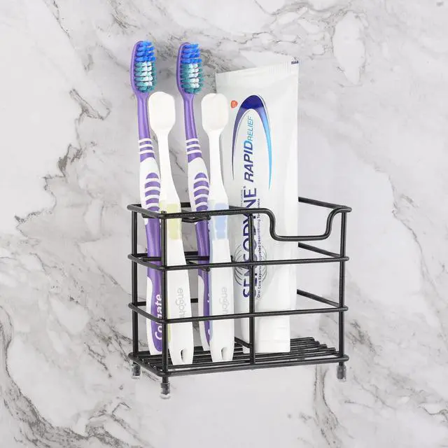 Main image of Wall Mount Toothbrush Holder for Bathroom, Stainless Steel Tooth Brush Stand for Electric Toothbrush, Toothpaste, Razor, Self Adhesive Wallmount/Countertop 5 Slots Organizer (Black)