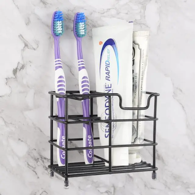 Alt view image 5 of 6 - Wall Mount Toothbrush Holder for Bathroom, Stainless Steel Tooth Brush Stand for Electric Toothbrush, Toothpaste, Razor, Self Adhesive Wallmount/Countertop 5 Slots Organizer (Black)