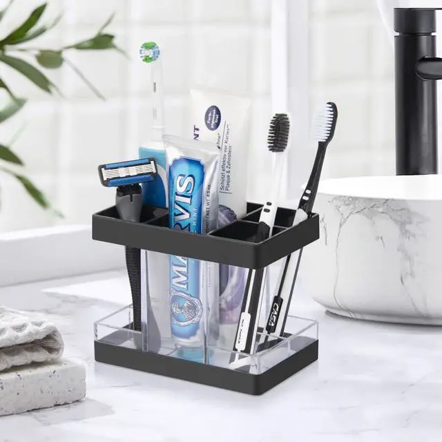 Alt view image 2 of 7 - Toothbrush Holders for Bathrooms Countertop Organizer - Electric Toothbrush Holder Set, 5 Slots Toothbrush and Toothpaste Holder, Makeup Brush Storage Caddy for Family Kids (Black)