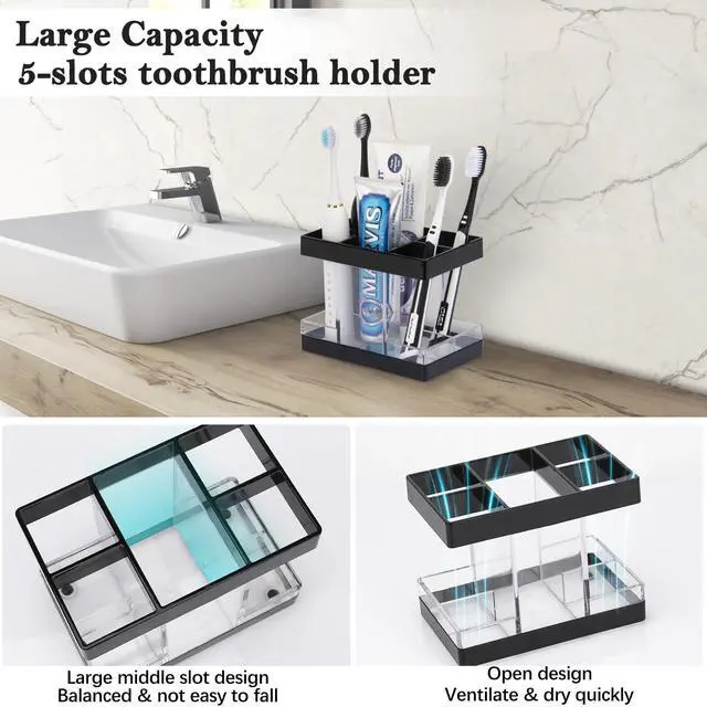Alt view image 4 of 7 - Toothbrush Holders for Bathrooms Countertop Organizer - Electric Toothbrush Holder Set, 5 Slots Toothbrush and Toothpaste Holder, Makeup Brush Storage Caddy for Family Kids (Black)