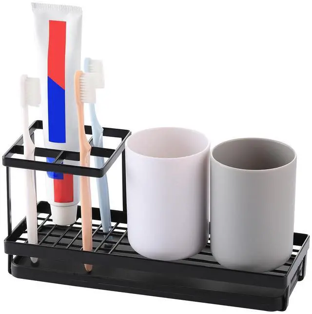 Main image of Mutlifunction Toothbrush Holders for Bathrooms, 4 Slots Black Bathroom Accessories Organizer with Plastic Tray
