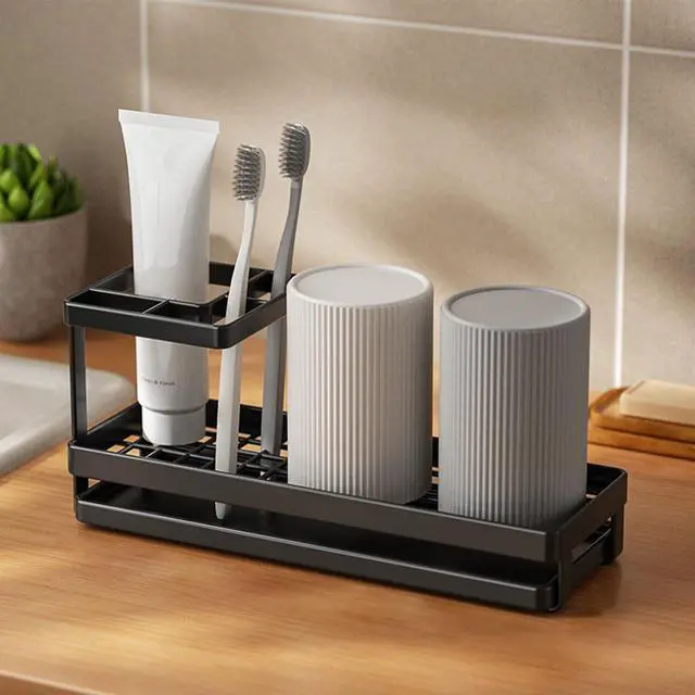 Alt view image 5 of 7 - Mutlifunction Toothbrush Holders for Bathrooms, 4 Slots Black Bathroom Accessories Organizer with Plastic Tray