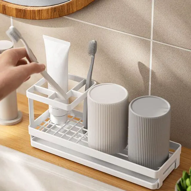 Alt view image 6 of 7 - Mutlifunction Toothbrush Holders for Bathrooms, 4 Slots Black Bathroom Accessories Organizer with Plastic Tray