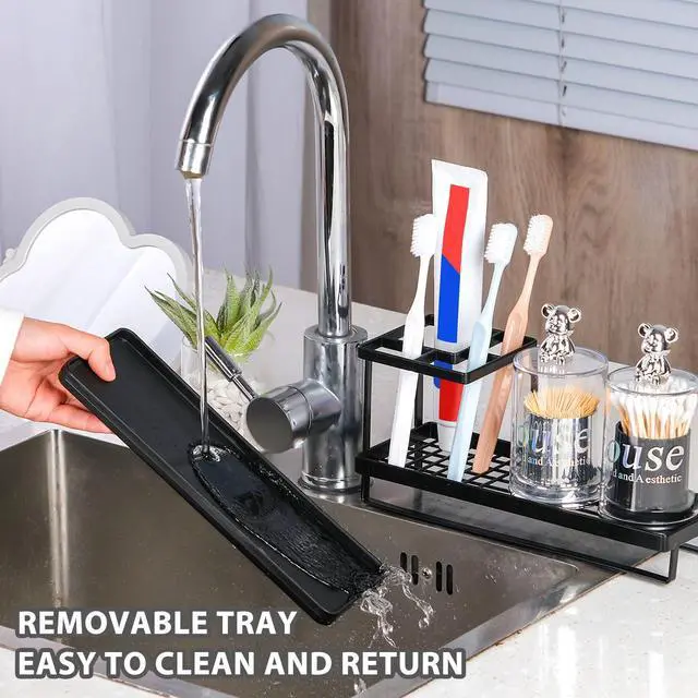 Alt view image 7 of 7 - Mutlifunction Toothbrush Holders for Bathrooms, 4 Slots Black Bathroom Accessories Organizer with Plastic Tray