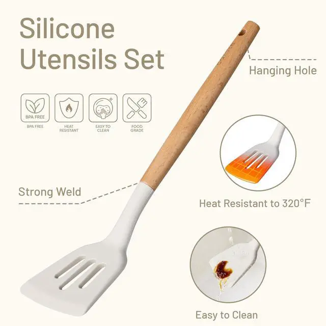 Alt view image 3 of 7 - 10-Piece Kitchen Utensils Set with Wood Cool-Touch Handles, Cream
