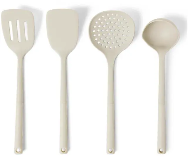 Main image of Silicone Cooking Spoon, Ladle and Spatula Set, 4-Piece, Slotted, Soft Grip Handle, BPA-Free, Dishwasher-Safe, Linen Gray