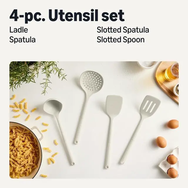 Alt view image 2 of 6 - Silicone Cooking Spoon, Ladle and Spatula Set, 4-Piece, Slotted, Soft Grip Handle, BPA-Free, Dishwasher-Safe, Linen Gray