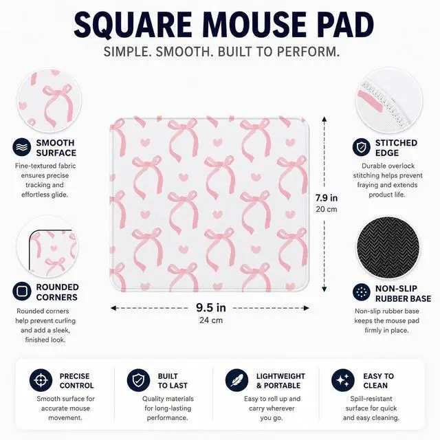 Alt view image 3 of 7 - Cute Light Pink Bow Girly Aesthetic Office Mouse Pad, 9.5x7.9 inch