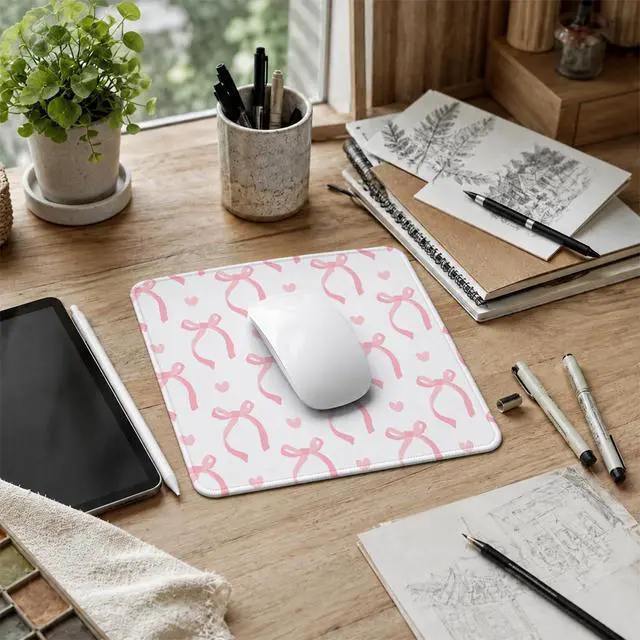 Alt view image 7 of 7 - Cute Light Pink Bow Girly Aesthetic Office Mouse Pad, 9.5x7.9 inch