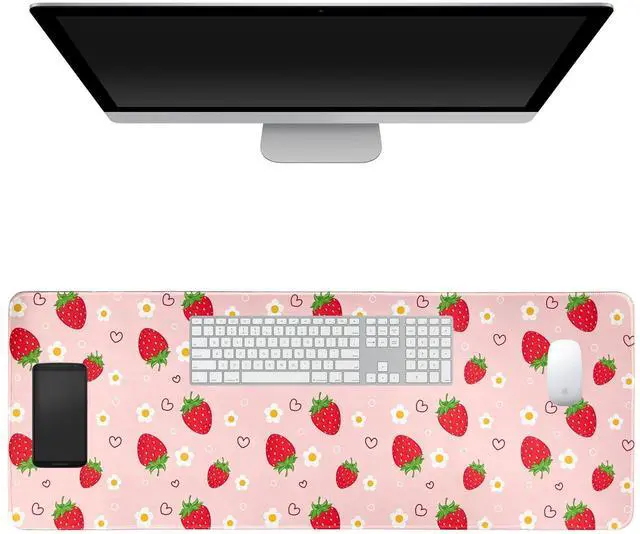 Main image of Pink Mouse Pad, Large Strawberry Desk Mat, Gaming Keyboard and Mouse Pad Non-Slip Rubber Base, Stitched Edge, Cute Girly Office Supplies Desk Accessories Decor for Women 31.5 x 11.8in